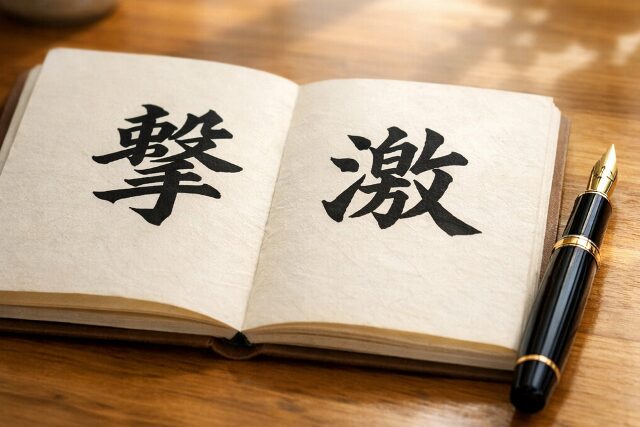 木目調のデスクに置かれた和紙のノートに、比較のために並べて書かれた「撃」と「激」の漢字と万年筆の写真。