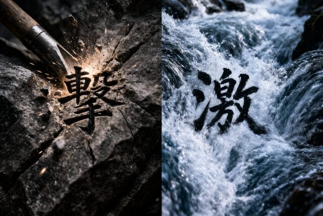 物理的な衝撃を象徴する岩の亀裂（撃）と、激しい水の流れ（激）を対比させたコンセプト画像。