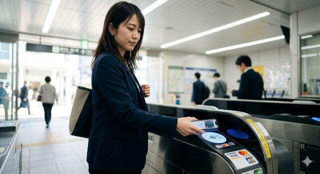 2026年3月の都心地下鉄駅改札口で、女性ビジネスパーソンがスマートフォン(クレカタッチ決済)をかざして通過する様子。改札機には国際ブランドのタッチ決済リーダーが設置されている。