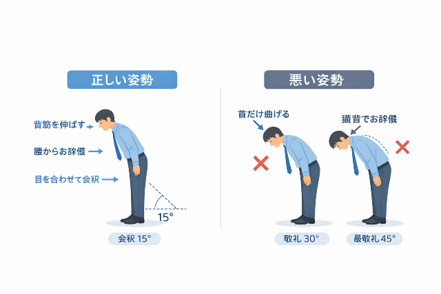 正しいお辞儀の姿勢と間違った動作を比較した図解
