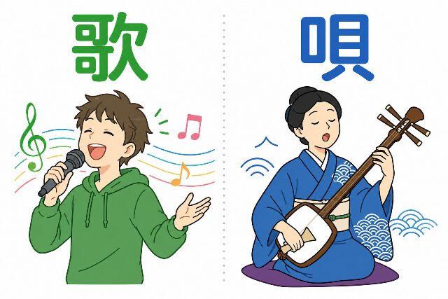 マイクで歌う現代的な歌手（歌）と、三味線を弾きながら歌う和装の演者（唄）を対比したシンプルなイラスト。