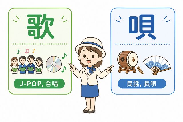 J-POPや合唱には「歌」、民謡や長唄には「唄」を使うことを案内する、キャラクターと吹き出しのシンプルなイラスト。