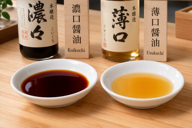 白い小皿に並べられた濃口醤油（左・深褐色）と薄口醤油（右・淡い琥珀色）の色を比較する写真。