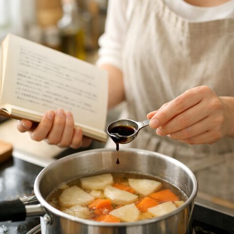 レシピ本を見ながら、鍋の煮汁に少量の濃口醤油を計量スプーンで加えて代用・調整している様子。