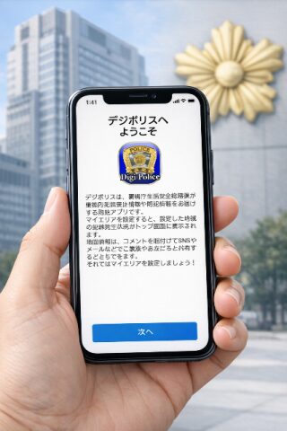 スマホに表示された警視庁公式アプリ「デジポリス」のストアダウンロード画面。背景には信頼の象徴として警視庁本部庁舎が薄く映っている。