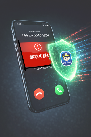 迷惑電話の着信を、デジポリスアプリがデジタルな盾となってブロックし、スマホ画面に「詐欺の疑い」と警告を表示しているイメージ。