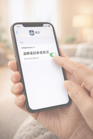 スマホの画面で、デジポリスアプリの「国際電話着信拒否」設定スイッチを指でオンに切り替えている、初心者にも簡単な操作の様子。