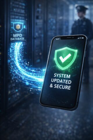 警視庁のデータベースから最新の犯罪情報データを受信し、アップデートが完了して常に安全な状態が保たれているスマホのイメージ。