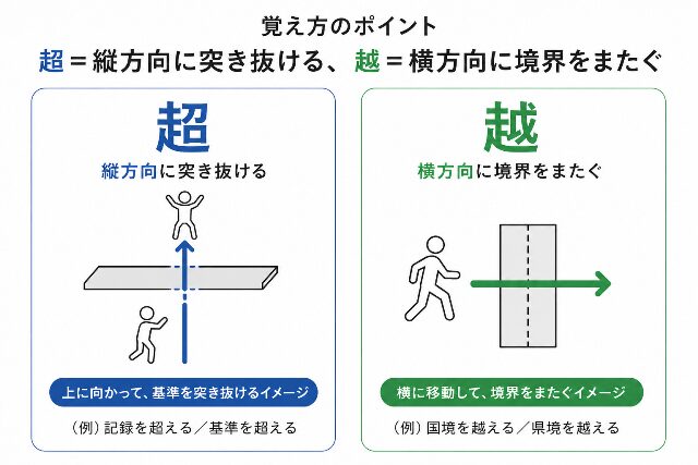 「超は縦、越は横という覚え方を矢印と境界線で示した図解イラスト