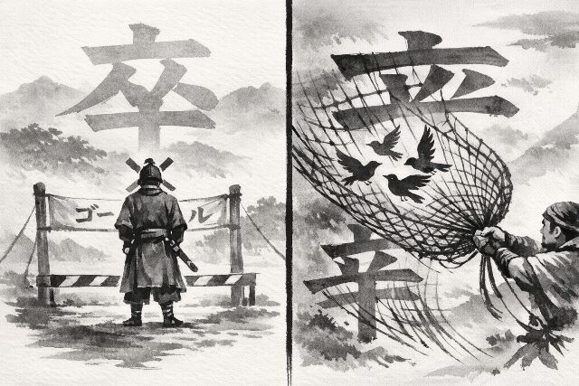 漢字の成り立ちの違いを示すイラスト。左は「衣服を着た兵士」に由来する「卒」、右は「鳥を捕まえる網」に由来する「率」のイメージ図。