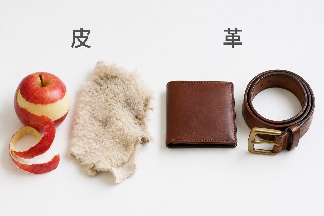 「皮」の漢字の下にリンゴの皮と毛皮、「革」の漢字の下に革財布とベルトを並べ、日常生活での使い分けを視覚化した比較画像