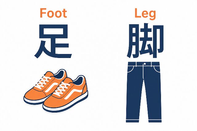 「足と脚の覚え方」のイラスト。靴の絵に「足」の漢字、ズボンの絵に「脚」の漢字が組み合わさった、直感的な判断基準を示す図。