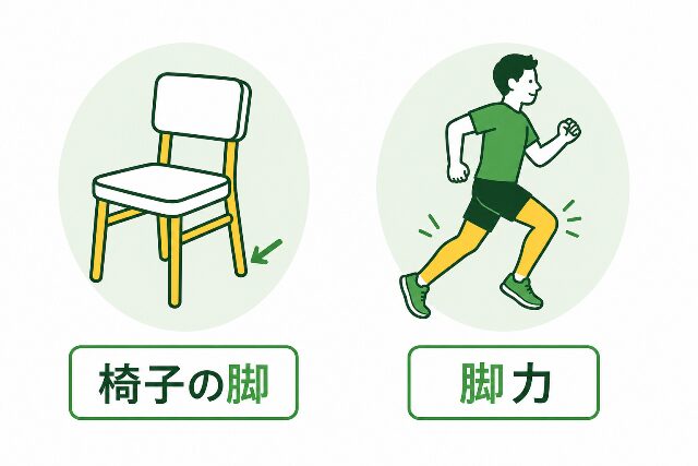 「足と脚の使い分け例文」のイラスト。椅子の支柱を指す「椅子の脚」のアイコンと、走る人の下半身を指す「脚力」のアイコンが並んだ図。