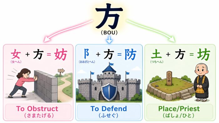 「ボウ」と読む漢字に共通する「方」に組み合わさる部首の意味の違い