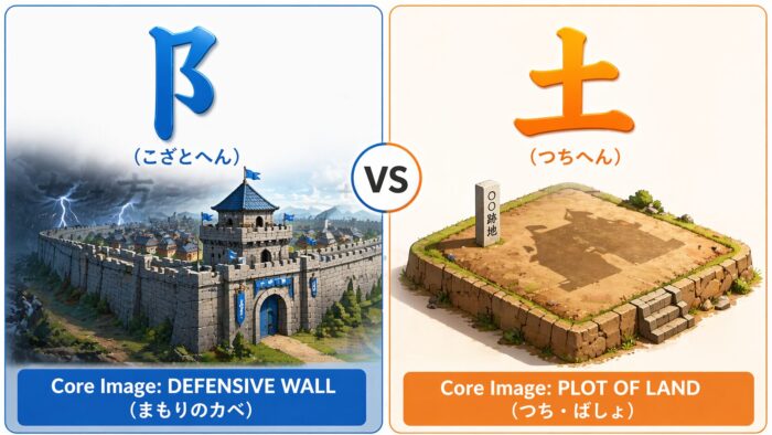 こざとへんは守りの壁、つちへんは場所を意味する