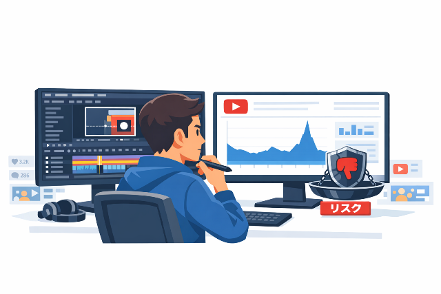動画編集ソフトのタイムラインで極端に短いクリップを編集し、YouTubeアナリティクスの視聴維持率グラフを見つめるクリエイター。