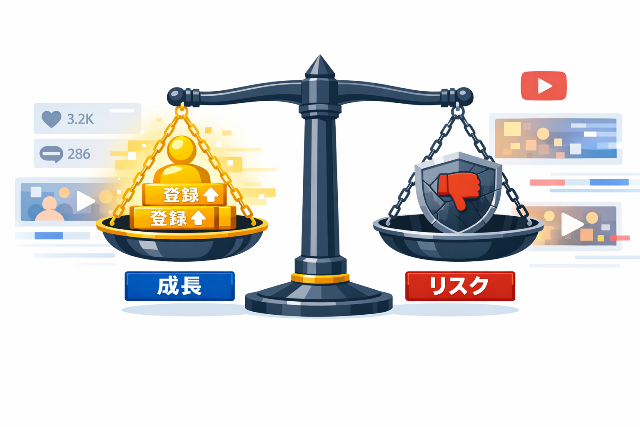 YouTubeショートの0分設定による「成長（登録者数増加）」と「リスク（チャンネル信頼度低下）」を天秤で比較した概念図。