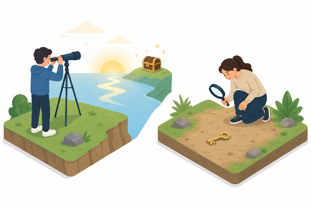 探すと捜すの違いを解説する比較イラスト。新しいものを求める「望遠鏡を持つ人（探す）」と、紛失物を見つけようとする「ルーペを持つ人（捜す）」の対比図。