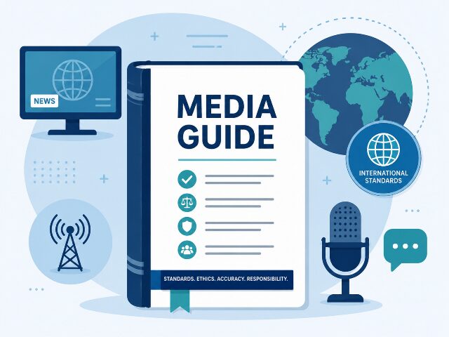 テレビ局の報道指針や国際基準をイメージした、中央に「MEDIA GUIDE」と書かれたマニュアルとテレビやマイクのアイコンが並ぶフラットイラスト（AI生成画像）