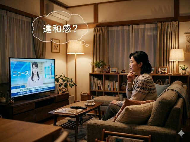 リビングのソファでテレビを見ながら、言葉の言い換えに対して少し首をかしげて考え込んでいる女性の様子（AI生成画像）