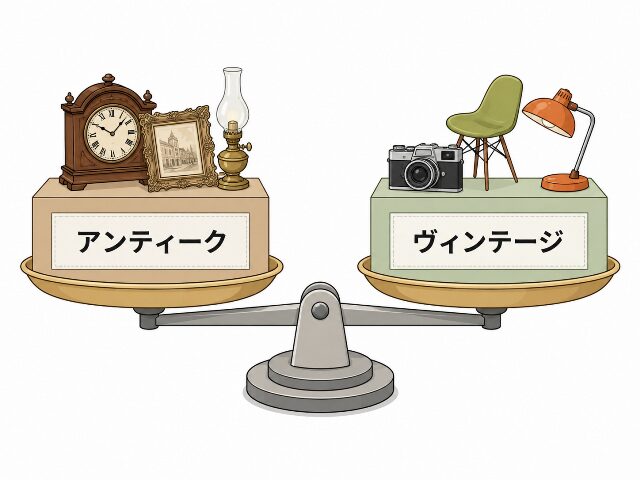 アンティークとヴィンテージの違いを天秤で比較したシンプルな図解イラスト。左側に「アンティーク」、右側に「ヴィンテージ」の文字が日本語で入っています。