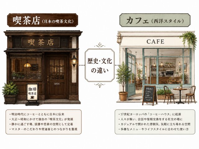喫茶店とカフェの成り立ちの違いを示す図解イラスト（AI生成画像）