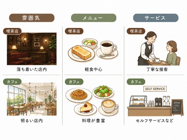 カフェと喫茶店の雰囲気・メニュー・サービスの違いを3項目で比較した図解イラスト(AI生成画像)