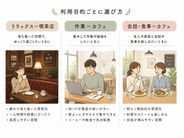 目的別にカフェと喫茶店を使い分けるポイントを示した図解イラスト(AI生成画像)