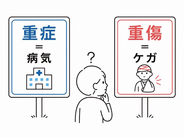 重症は病気、重傷はケガという基本的な意味の違いを示したシンプルな図解(AI生成画像)