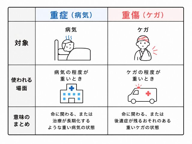 重症と重傷の対象や使われる場面の違いを表形式で比較した図解(AI生成画像)