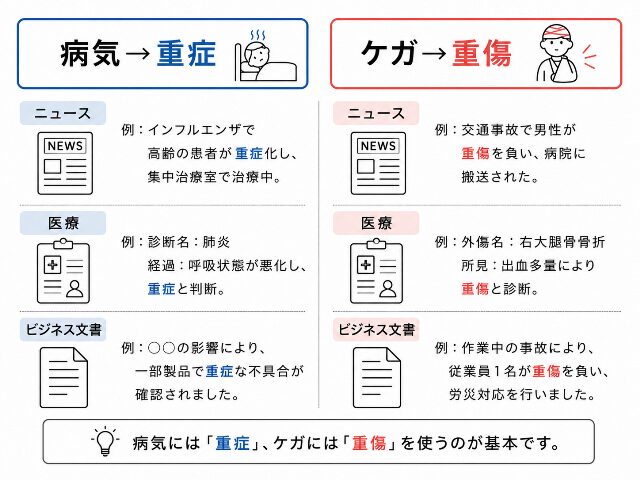 ニュース・医療・ビジネス文書での重症と重傷の使い分け例を示した図解(AI生成画像)