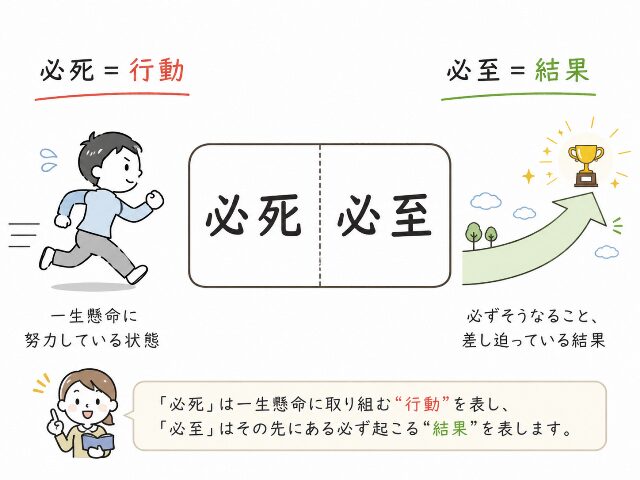 必死と必至の違いを行動と結果で比較したシンプルな図解イラスト
