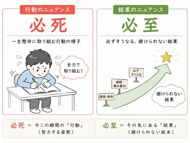必死は行動、必至は結果というニュアンスの違いを示す説明イラスト