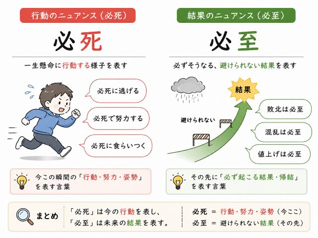 必死と必至の使い分けを例文で示したシンプルな図解イラスト