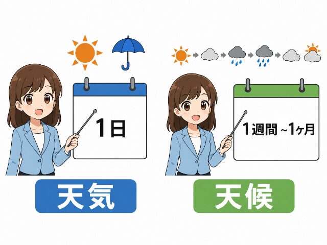 天気と天候の期間の違いを説明するイラスト。1日単位の短い空の様子を表す「天気」と、1週間から1ヶ月単位の長い状態を表す「天候」の比較図。(AI生成画像)