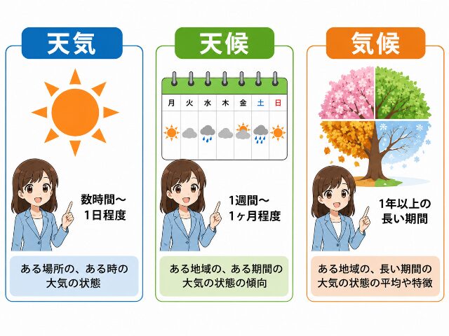 天気・天候・気候の3つの言葉の期間の違いを整理した図解イラスト。時間の短い順に、1日単位の天気、数日?1ヶ月単位の天候、1年以上の気候が並んでいる様子(AI生成画像)