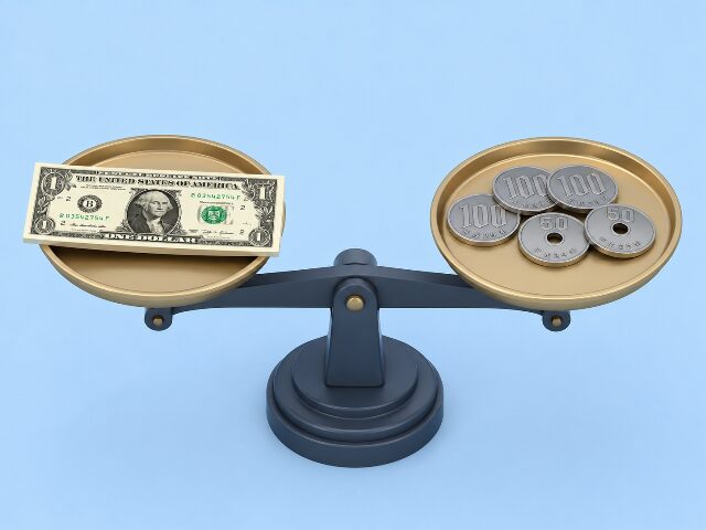 1ドル札と日本円の硬貨を天秤にかけ、為替による通貨価値の変動を表現した3Dイラスト