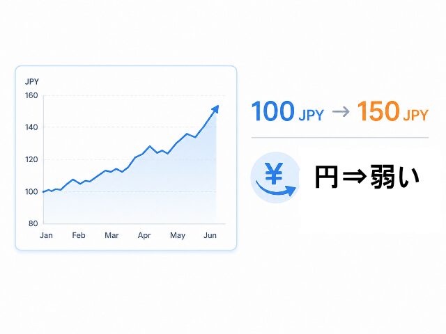1ドル100円から150円へと数値が上昇する折れ線グラフと、円安を示すテキストのインフォグラフィック