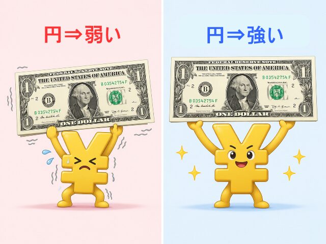 円のキャラクターがドルを持ち上げる力で円安・円高を表現した、直感的に理解しやすい比較イラスト