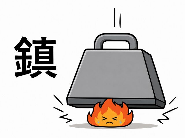 「鎮」の漢字の語源である、炎を上から重しで押さえつけるイメージの分かりやすいイラスト（AI生成画像）