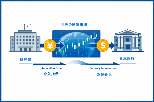 財務省が指示を出し、日本銀行が為替市場で円やドルの売買を行う為替介入の仕組み図