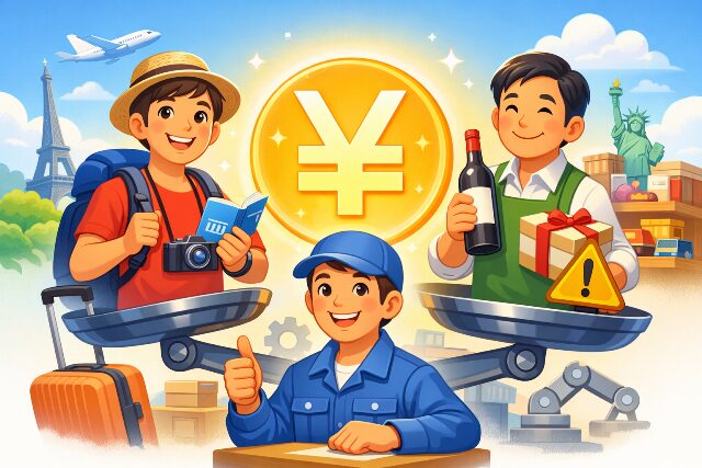 為替介入による円の安定が、海外旅行者や輸入業者、消費者など様々な立場の人に恩恵を与えるイメージ図