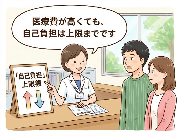 高額療養費制度の仕組みを説明する医療スタッフと、上限額のボードを見る患者の図解イラスト