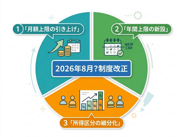 2026年8月からの制度改正ポイント（月額上限引き上げ・年間上限新設・所得区分細分化）を示す3分割の図解