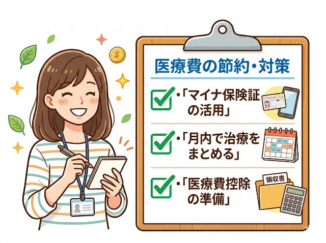 マイナ保険証の活用・月内で治療をまとめる・医療費控除の準備という3つの医療費対策を示すチェックリストの図解