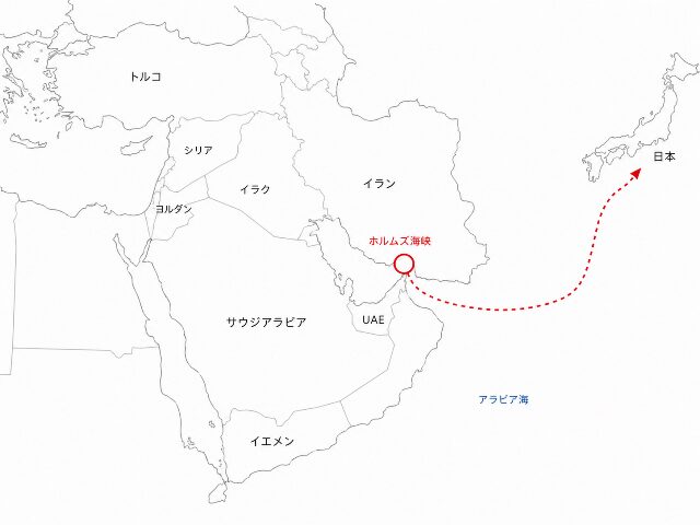 ホルムズ海峡の位置を示した中東地域のシンプルな地図イラスト。日本への航路が点線で描かれている図
