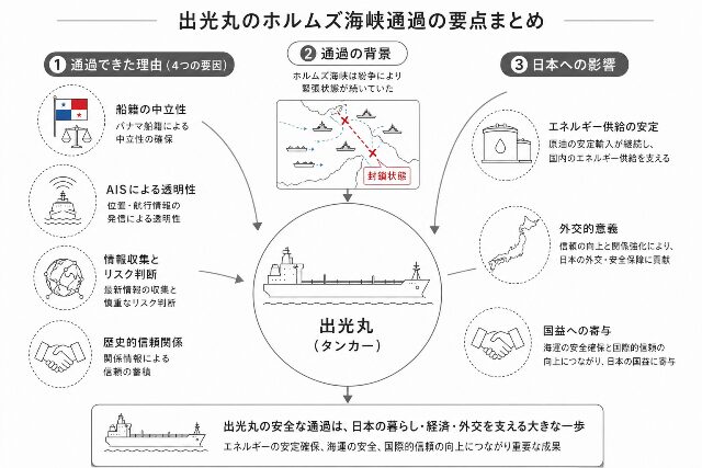 出光丸の通過理由、背景、日本への影響を1枚にまとめた4対3比率の総括図