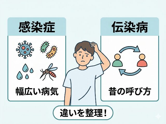 感染症と伝染病の違いを比較して整理したシンプルな図解イラスト