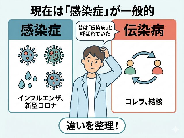 インフルエンザや新型コロナなどを例に感染症と伝染病の違いを説明したイラスト