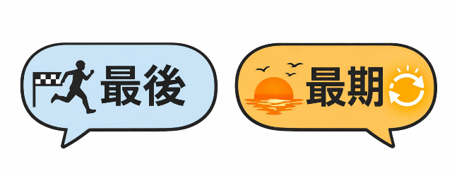 「最後」はマラソンのゴールのような順番の終わり、「最期」は夕日のような人生の終焉をイメージした比較図